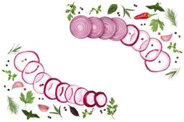 soğan, sarımsak, acı biber ve baharat beyaz arka plan üzerinde izole. Üstten Görünüm.