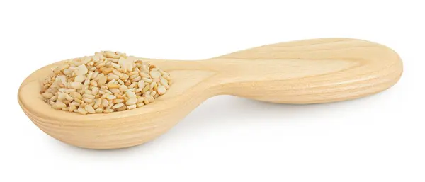 stock image Sesame seeds in wooden spoon isolated on white background with full depth of field.