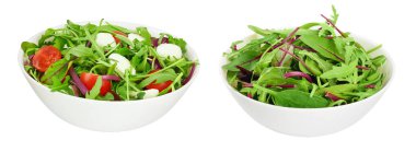 Salata - roka, ıspanak ve pazı beyaz arka planda izole edilmiş kasede..