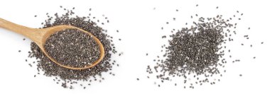 Chia seeds in wooden spoon isolated on white background with  full depth of field. Top view. Flat lay