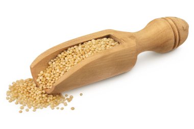 Beyaz zemin üzerinde izole ahşap kepçe içinde Amaranth tahıl tohumları.