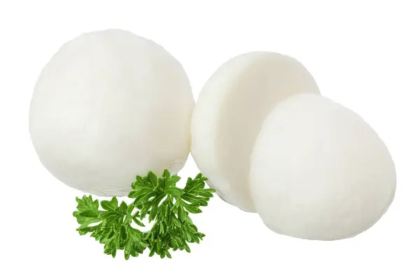 stock image Mini mozzarella balls with parsley leaf isolated on white background. Top view. Flat lay