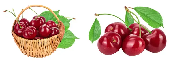 stock image red sweet cherry in a wicker basket isolated on white background with full depth of field,