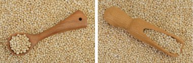 background of sorghum seeds with wooden spoon. Top view. Flat lay clipart