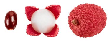 Lychee meyvesi beyaz arka planda izole edilmiş, geniş bir alana yayılmış. Üst Manzara. Düz yatıyordu.