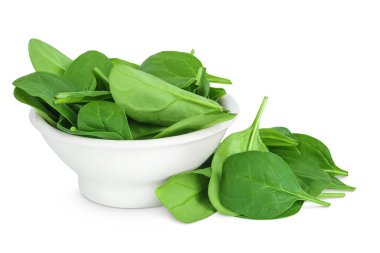 Beyaz arka planda izole edilmiş seramik kasede bebek ıspanak yaprakları..