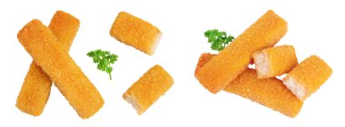 Fish finger or stick with parsley isolated on white background. Top view. Flat lay clipart