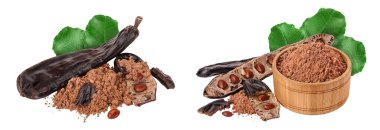 Carob pod and powder in wooden bowl isolated on white background with full depth of field