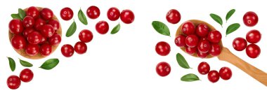 Ahşap kasede yabanmersini ve beyaz arka planda izole kaşık. Metnin için kopyalama alanı olan üst görünüm. Düz yatıyordu.