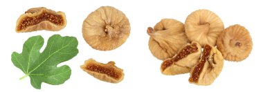 Kurumuş incir, beyaz arka planda izole edilmiş, geniş bir alana yayılmış, Üst Manzara. Düz yatıyordu.