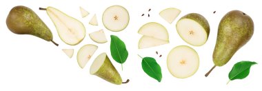 Green conference pear isolated on white background. Top view with copy space for your text. Flat lay.