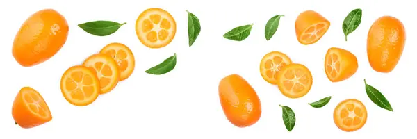 stock image Cumquat or kumquat with slices isolated on white background with copy space for your text. Top view. Flat lay.