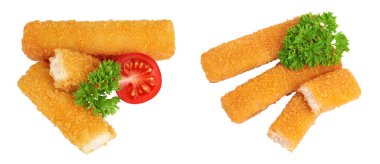 Fish finger or stick isolated on white background with full depth of field. Top view. Flat lay clipart