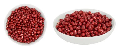 Red adzuki beans in ceramic bowl isolated on white background. Top view. Flat lay clipart