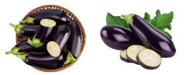 Hasır sepetteki patlıcan beyaz arka planda izole edilmiş, geniş bir alana yayılmış. Üst Manzara. Düz yatıyordu.