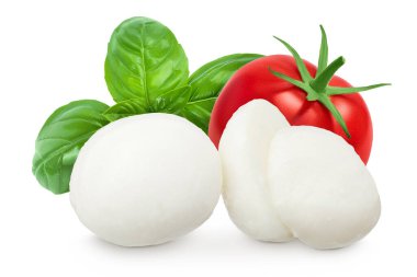 Mini mozzarella topları beyaz arkaplanda tam derinlikte izole edilmiş.