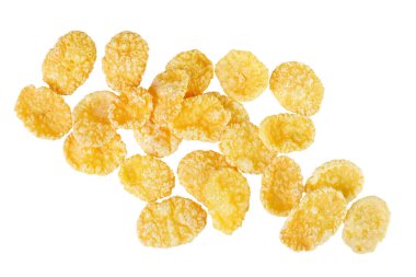 Beyaz arka planda izole mısır gevrekleri. Üst Manzara. Düz yatıyordu