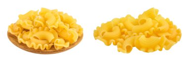 Pasta cornetti creste macaroni in wooden bowl isolated on white background with full depth of field.