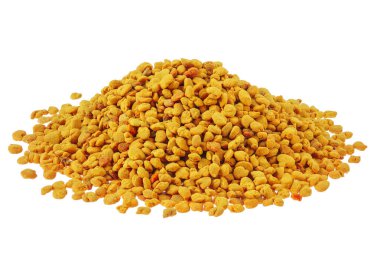 Beyaz arka planda izole arı polen taneleri,