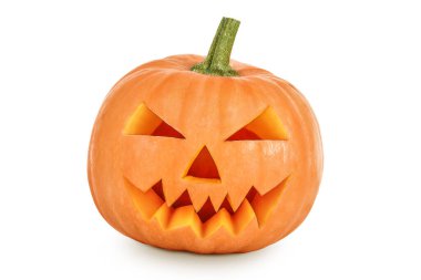 Cadılar Bayramı kabağı beyaz arka planda tam derinlikte izole edilmiş.