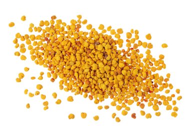 Beyaz arka planda izole edilmiş arı poleni taneleri, Üst Manzara. Düz yatıyordu.