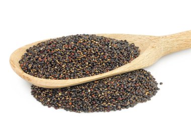 black quinoa in wooden spoon isolated on white background. clipart