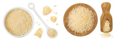 Beyaz arka planda izole edilmiş seramik kasede rendelenmiş parmesan peyniri. Üst Manzara. Düz yatıyordu.