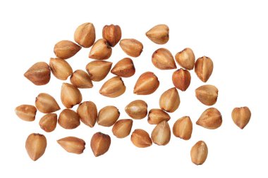 Beyaz arka planda çiğ karabuğday var. Üst Manzara. Düz yatıyordu.