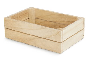 Boş tahta sandık beyaz arkaplanda izole edildi.