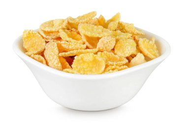 Beyaz arka planda izole edilmiş seramik kasedeki mısır gevrekleri