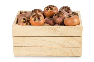 Brown fresh medlars in wooden box isolated on white background. Mespilus germanica close-up. clipart