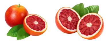 Blood red oranges with half isolated on white background  with full depth of field. clipart