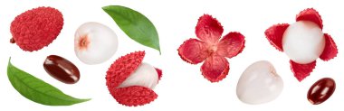 Lychee meyvesi beyaz arka planda izole edilmiş, geniş bir alana yayılmış. Üst Manzara. Düz yatıyordu.