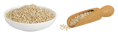 Sorghum seeds in ceramic bowl and wooden scoop isolated on white background with full depth of field clipart