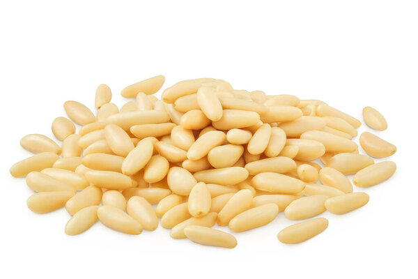Shelled European pine nuts isolated on white background with full depth of field.