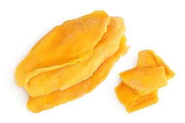 Kurumuş mango beyaz arka planda izole edilmiş. Üst Manzara. Düz yatıyordu.