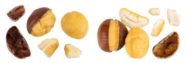 Kavrulmuş kabuklu kestane, beyaz arka planda tamamen izole edilmiş. Üst Manzara. Düz yatıyordu.