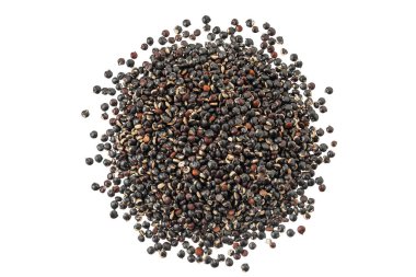 black quinoa seeds isolated on white background. Top view. Flat lay.