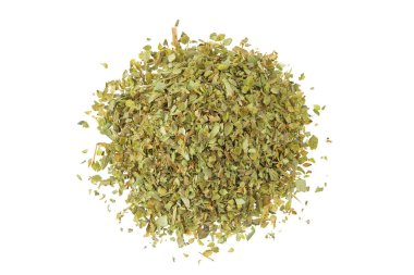Oregano or marjoram leaves fresh and dry isolated on white background. Top view. Flat lay.