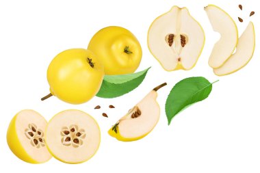 Yarısı taze ayva ve beyaz arka planda tam derinlikte izole edilmiş dilimler. Üst Manzara. Düz yatıyordu.