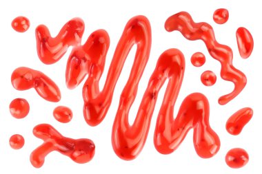 Kırmızı çilek şurubu beyaz arka planda izole edilmiş, geniş bir alana yayılmış, Üst Manzara. Düz yatıyordu,