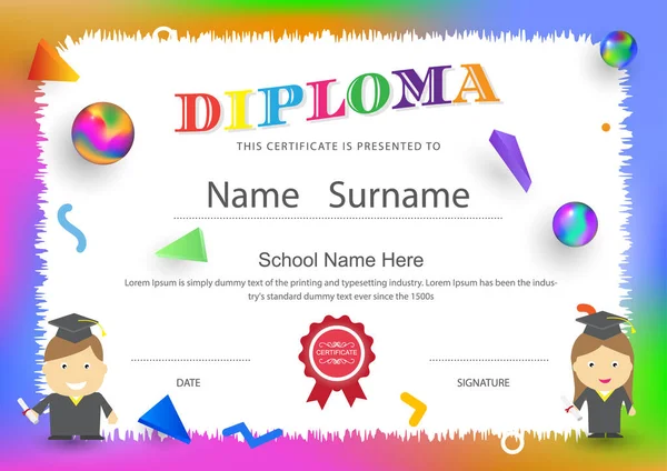 Diploma Certificado Pré Escolar Crianças Escola Elementar Design Fundo Vetor —  Vetores de Stock