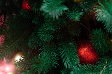 Noel süsleme ağacı kırmızı top geleneksel nesne dal ve çelenk parlak ışık efekti, şenlikli atmosfer