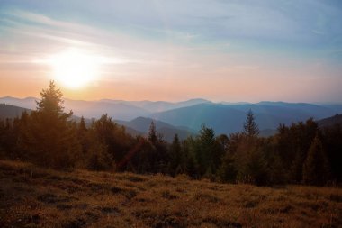 Dağlar sisli panorama manzaralı sonbahar mevsimi zaman yolculuğu sahasında ladin ve akşam gün batımının parlaklığı görülüyor.