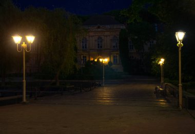 Lviv Ukrayna 'nın tıp fakültesi tarihi şehir gece sokak manzarası. Elektrikli fener lambaları turistik kare kenarlı.