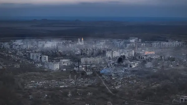 stock image War in Ukraine aerial drone photography destroyed city in ruins because of russian invasion in European country and explosion townscape view in dramatic low lighting colors, noise pollution concept