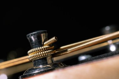 macro acoustic guitar string peg music instrument close up narrow focus view with blurred background black empty copy space for your text here clipart