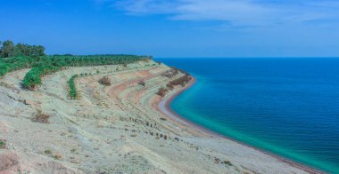 panoramik deniz kıyısı terasları deniz manzaralı drone hava manzarası yukarıdan güney kuru palmiyeler yaz mevsimi tatil bölgesi yakınında