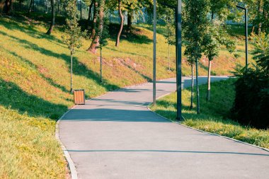 Dışarıda park kıvrımlı asfalt yolda yürümek için bahar doğal yolunda insanlar olmadan.