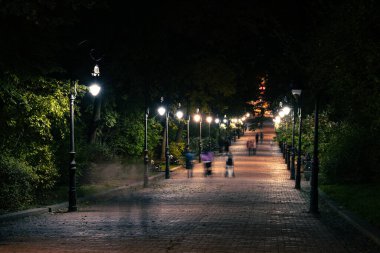 Gece parkı meydanı yürüme bölgesi uzun süre sahne insanları siluetleri hareket halinde gezinti yolu kaldırımlarında fenerlerle aydınlatılmış.